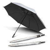 A black and grey Hurricane Sport Umbrella with a sturdy handle, displayed in both open and closed positions. A black and grey Hurricane Sport Umbrella with a sturdy handle, displayed in both open and closed positions.