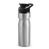 A drink bottle in stainless steel with a black snap cap and a sleek design. Features a logo on the surface. A drink bottle in stainless steel with a black snap cap and a sleek design. Features a logo on the surface.