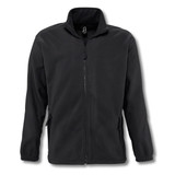 A black polar fleece jacket with a full zip and side pockets, featuring a collar and a branding logo. A black polar fleece jacket with a full zip and side pockets, featuring a collar and a branding logo.