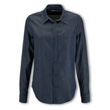 A women's button-up shirt in dark denim featuring a collar and long sleeves with a chest pocket. A women's button-up shirt in dark denim featuring a collar and long sleeves with a chest pocket.