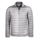 A grey puffer jacket with a zip front and a stand-up collar, featuring a branding logo. A grey puffer jacket with a zip front and a stand-up collar, featuring a branding logo.