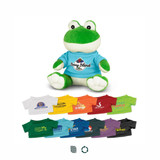 A green frog plush toy wearing a blue shirt, with various colourful mini t-shirts displayed below. A green frog plush toy wearing a blue shirt, with various colourful mini t-shirts displayed below.