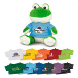 A green frog plush toy wearing a blue t-shirt. Several colourful t-shirts displayed below the toy in various designs.