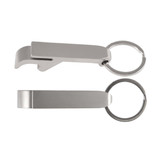 A drink bottle opener keyring in silver metal with a sleek, modern design and a circular keyring attachment. A drink bottle opener keyring in silver metal with a sleek, modern design and a circular keyring attachment.