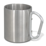 A stainless steel coffee mug with a carabiner handle and a smooth, brushed finish, featuring a logo. A stainless steel coffee mug with a carabiner handle and a smooth, brushed finish, featuring a logo.