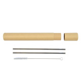 An evergreen straw set featuring two stainless steel straws, a cleaning brush, and a cardboard tube for storage. An evergreen straw set featuring two stainless steel straws, a cleaning brush, and a cardboard tube for storage.