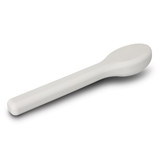 A white travel cutlery set featuring a spoon, designed for convenience and portability. Includes a logo. A white travel cutlery set featuring a spoon, designed for convenience and portability. Includes a logo.