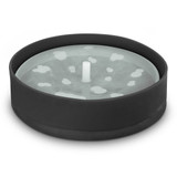 A black microwave popcorn popper with a round, transparent lid featuring a central white dome. A black microwave popcorn popper with a round, transparent lid featuring a central white dome.