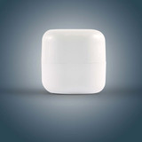 A cube-shaped white lip balm container featuring a smooth surface and rounded edges. It has a logo on the front. A cube-shaped white lip balm container featuring a smooth surface and rounded edges. It has a logo on the front.