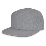 A grey cap with a flat brim and side ventilation holes, featuring a simple design and a logo. A grey cap with a flat brim and side ventilation holes, featuring a simple design and a logo.