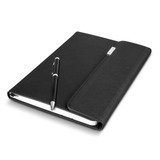 A black A5 notebook with a pen, featuring a sleek design and an exterior pocket. Includes branding. A black A5 notebook with a pen, featuring a sleek design and an exterior pocket. Includes branding.