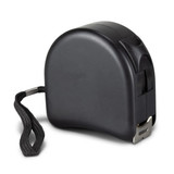 A black tape measure with a curved casing and a retractable measuring tape, featuring a keyring attachment. A black tape measure with a curved casing and a retractable measuring tape, featuring a keyring attachment.