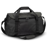 A black duffle bag with a main compartment, side pocket, and adjustable shoulder strap, featuring a logo. A black duffle bag with a main compartment, side pocket, and adjustable shoulder strap, featuring a logo.