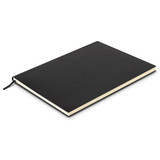 A large black soft cover notebook with a ribbon bookmark and cream pages, featuring a subtle branding logo.