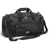 A dark green duffle bag with black accents, featuring dual handles and a removable shoulder strap. A dark green duffle bag with black accents, featuring dual handles and a removable shoulder strap.