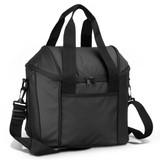 A black cooler bag with dual handles, a shoulder strap, and a front zippered pocket. It features a logo. A black cooler bag with dual handles, a shoulder strap, and a front zippered pocket. It features a logo.