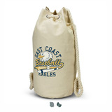 A beige canvas barrel bag with a drawstring closure and an attached rope handle, featuring a logo. A beige canvas barrel bag with a drawstring closure and an attached rope handle, featuring a logo.