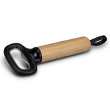 A drink bottle opener with a wooden handle and a black metal end, featuring a loop for hanging. A drink bottle opener with a wooden handle and a black metal end, featuring a loop for hanging.