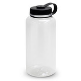 A drink bottle with a transparent body and a black screw-on lid, featuring a handle for easy carrying. A drink bottle with a transparent body and a black screw-on lid, featuring a handle for easy carrying.