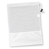 A white drawstring mesh bag with a solid white base and a closure toggle. It features a logo on the side. A white drawstring mesh bag with a solid white base and a closure toggle. It features a logo on the side.