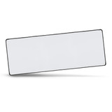 A rectangular gaming mat in a clean white design with a black border. It has a smooth surface and features a logo. A rectangular gaming mat in a clean white design with a black border. It has a smooth surface and features a logo.