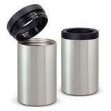 A drink bottle cooler in silver metallic finish with a black lid, featuring a smooth design and a branding logo. A drink bottle cooler in silver metallic finish with a black lid, featuring a smooth design and a branding logo.