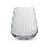 A clear, ribbed glass tumbler with a stemless design. It has a wide base and flared top. A clear, ribbed glass tumbler with a stemless design. It has a wide base and flared top.