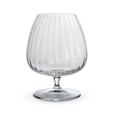 A clear glass cognac glass with a ribbed design and a round base. Features a logo on the side. A clear glass cognac glass with a ribbed design and a round base. Features a logo on the side.