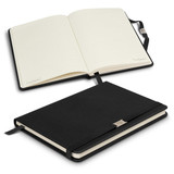 A black notebook with a ribbon bookmark, featuring lined pages inside and a subtle branding logo.