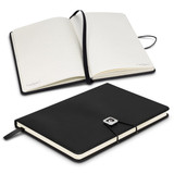 A black notebook with a smooth cover, featuring blank pages and a ribbon bookmark, inside a gift set. A black notebook with a smooth cover, featuring blank pages and a ribbon bookmark, inside a gift set.