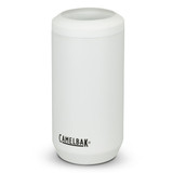 A drink bottle cooler in white, featuring a cylindrical design and a logo. Designed for holding beverages securely.