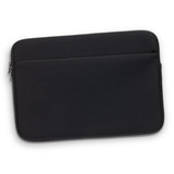 A large black laptop sleeve with a zippered pocket and a smooth exterior, featuring a logo. A large black laptop sleeve with a zippered pocket and a smooth exterior, featuring a logo.