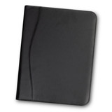 A black leather portfolio with a sleek design and a subtle logo on the front. A black leather portfolio with a sleek design and a subtle logo on the front.