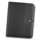 A black Melrose Portfolio with a smooth finish, featuring a button closure and interior pockets. A black Melrose Portfolio with a smooth finish, featuring a button closure and interior pockets.