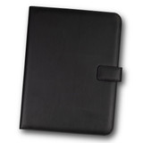 A black portfolio with a smooth finish and a secure closure. It features a branding logo on the front. A black portfolio with a smooth finish and a secure closure. It features a branding logo on the front.