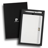 A white notebook and silver pen set presented in a black gift box with a logo. A white notebook and silver pen set presented in a black gift box with a logo.