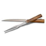 A carving set featuring a stainless steel knife and fork with wooden handles, ideal for cheese boards and serving. A carving set featuring a stainless steel knife and fork with wooden handles, ideal for cheese boards and serving.