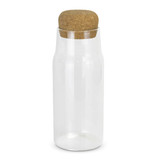 A drink bottle made of clear glass with a cork lid, featuring a simple and modern design. A drink bottle made of clear glass with a cork lid, featuring a simple and modern design.