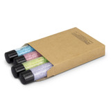 A set of four colourful bath salts in cylindrical containers, packaged in a brown cardboard box. A set of four colourful bath salts in cylindrical containers, packaged in a brown cardboard box.