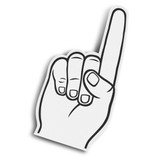 A foam hand in the shape of a raised index finger, designed in black and white with a simple outline.