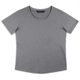 A grey women's t-shirt with a round neckline and short sleeves, featuring a logo on the label.
