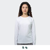 A long sleeve crew shirt in white, displayed on a model with curly hair, featuring a logo.