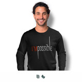 A man wears a black long sleeve crew shirt with a logo. The shirt features the word "I'Mpossible" in bold lettering. A man wears a black long sleeve crew shirt with a logo. The shirt features the word "I'Mpossible" in bold lettering.