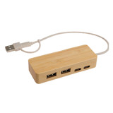 A bamboo USB hub featuring three ports and a connected cable in a neutral colour. It has a logo on the surface. A bamboo USB hub featuring three ports and a connected cable in a neutral colour. It has a logo on the surface.