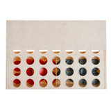 A rectangular game board with multiple circular slots, featuring red and blue pieces on a speckled beige background. A rectangular game board with multiple circular slots, featuring red and blue pieces on a speckled beige background.