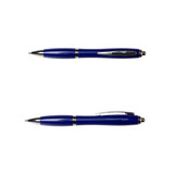 A blue plastic pen with a shiny silver clip and accents, featuring a sleek design and a branding logo.