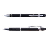 A black metal pen with silver accents and textured grip, featuring a logo. A black metal pen with silver accents and textured grip, featuring a logo.