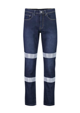 Men's blue stretch jeans featuring reflective strips on the legs, designed for workwear use and equipped with a logo.