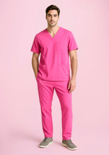 Unisex pink scrub pants featured with a matching pink scrub top, designed for uniform wear.