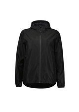 A black women's rain jacket featuring a hood, front zip, and side pockets. It has a minimalist design with a logo.